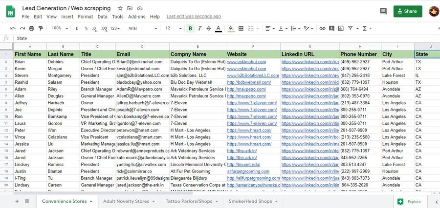 Spreadsheet excerpt from the Multi-Category B2B Prospect Database project