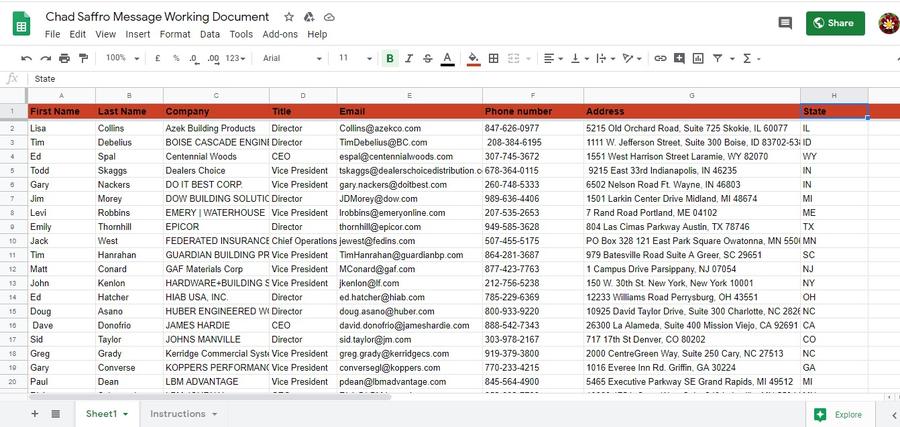 Spreadsheet excerpt from the Building Materials Executive Contacts project