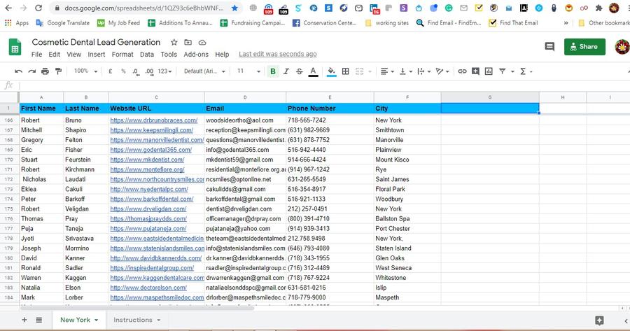 Spreadsheet excerpt from the Cosmetic Dental Lead Generation project
