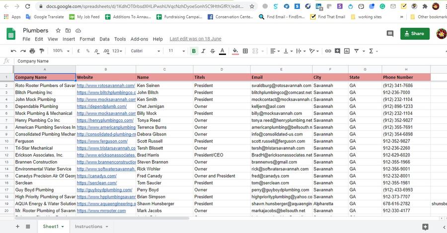 Spreadsheet excerpt from the Savannah Plumbing Companies project, Home Services industry