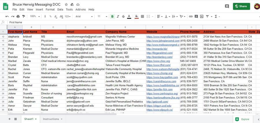 Spreadsheet excerpt from the SF Bay Area Medical Contacts project