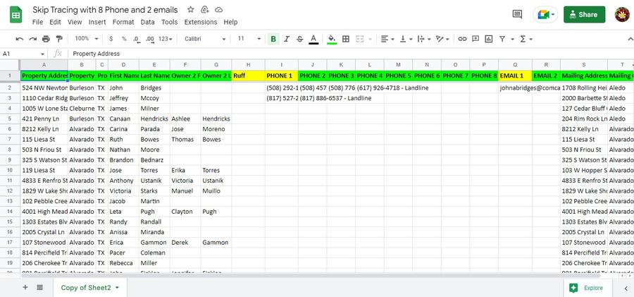 Spreadsheet excerpt from the Texas Property Owner Skip Trace project