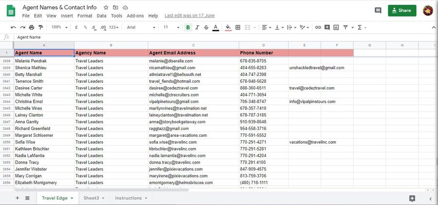 Spreadsheet excerpt from the National Travel Agent Network project