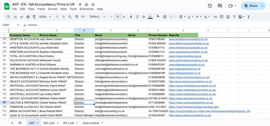 Spreadsheet excerpt from the UK Accountancy Firms Directory project