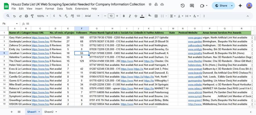 Spreadsheet excerpt from the UK Landscaping & Garden Design Directory project